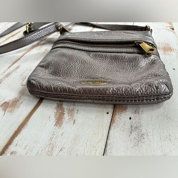 FOSSIL vintage 90s crossbody explorer bag leather purse metallic gun metal gray - Picture 10 of 16